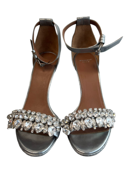 Givenchy Shoe Size 38 Silver Leather Rhinestone Detail Ankle Strap Heels Silver / 38