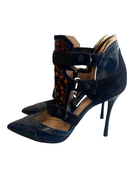 Nicholas Kirkwood x Peter Pilotto Shoe Size 37.5 Leather Pointed Toe Heels Blue, Black & Orange Print / 37.5