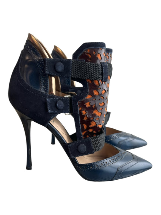 Nicholas Kirkwood x Peter Pilotto Shoe Size 37.5 Leather Pointed Toe Heels Blue, Black & Orange Print / 37.5