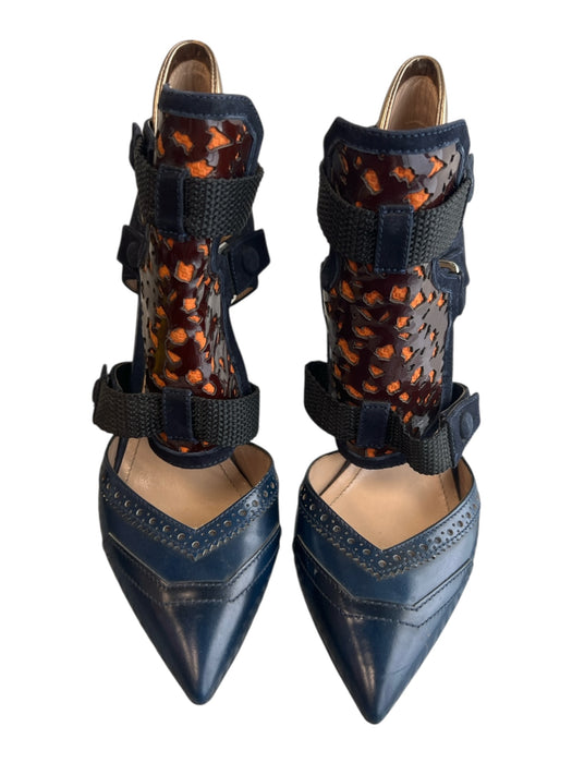 Nicholas Kirkwood x Peter Pilotto Shoe Size 37.5 Leather Pointed Toe Heels Blue, Black & Orange Print / 37.5