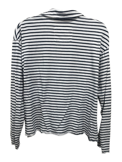 Frank & Eileen Size S White & Navy Blue Cotton Striped Long Sleeve Collared Top White & Navy Blue / S