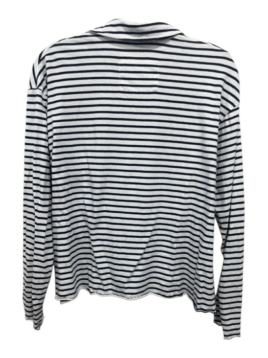 Frank & Eileen Size S White & Navy Blue Cotton Striped Long Sleeve Collared Top White & Navy Blue / S
