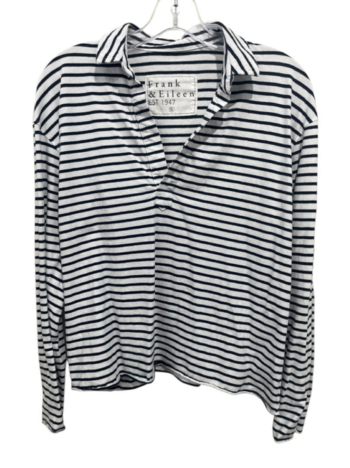 Frank & Eileen Size S White & Navy Blue Cotton Striped Long Sleeve Collared Top White & Navy Blue / S