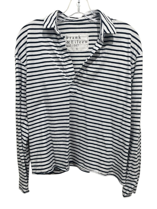 Frank & Eileen Size S White & Navy Blue Cotton Striped Long Sleeve Collared Top White & Navy Blue / S