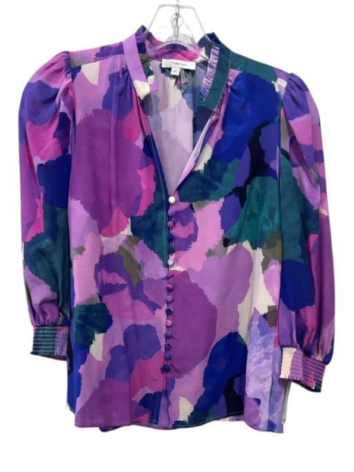 Tyler Boe Size XS Purple, Blue & Green Silk Abstract Print V Neck Top Purple, Blue & Green / XS