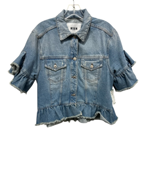 MSGM Size 40 Light Wash Cotton Denim Short Sleeve Button Front Ruffle Jacket Light Wash / 40