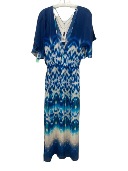 Vix Paula Hermanny Size M Blue & White Silk Tie Dye V Neck Kaftan Dress Blue & White / M