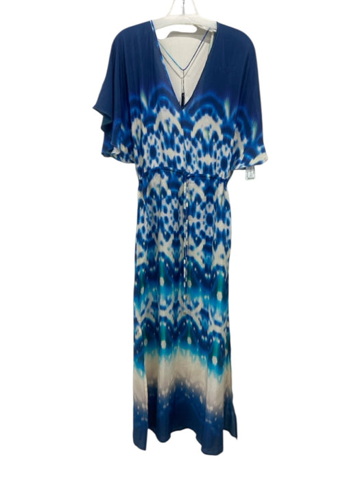 Vix Paula Hermanny Size M Blue & White Silk Tie Dye V Neck Kaftan Dress Blue & White / M