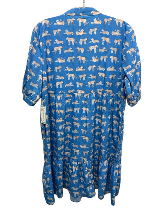 Uncle Frank Size S Blue & Beige Cotton Big Cat Print Short Sleeve Dress Blue & Beige / S