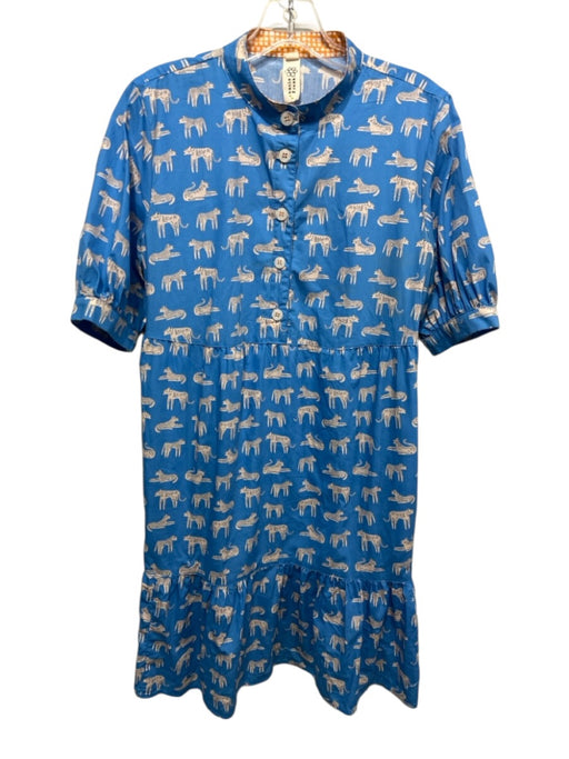 Uncle Frank Size S Blue & Beige Cotton Big Cat Print Short Sleeve Dress Blue & Beige / S