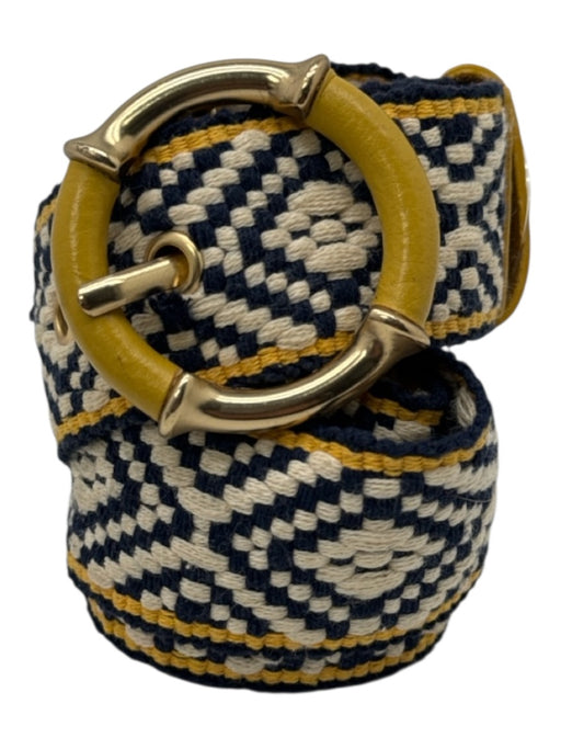 J. McLaughlin Yellow, White & Navy Leather & Cloth Geometric Circle Buckle Belts Yellow, White & Navy / S