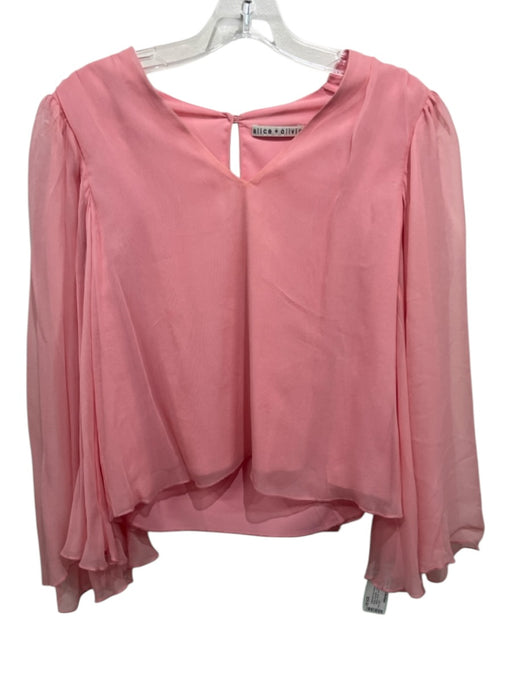 Alice + Olivia Size S Pink Silk V Neck Sheer Flutter Sleeve Keyhole Back Top Pink / S