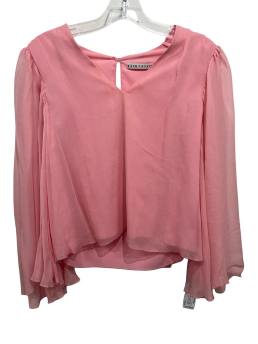 Alice + Olivia Size S Pink Silk V Neck Sheer Flutter Sleeve Keyhole Back Top Pink / S