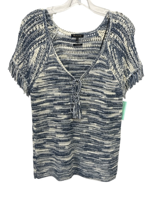 Massimo Dutti Size S Cream White & Navy Blue Missing Fabric Tag Knit V Neck Top Cream White & Navy Blue / S