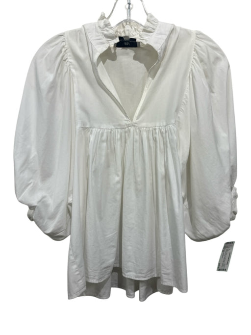 Never a Wallflower Size XS White Cotton 1/2 Puff Sleeve V Neck Ruffle Collar Top White / XS
