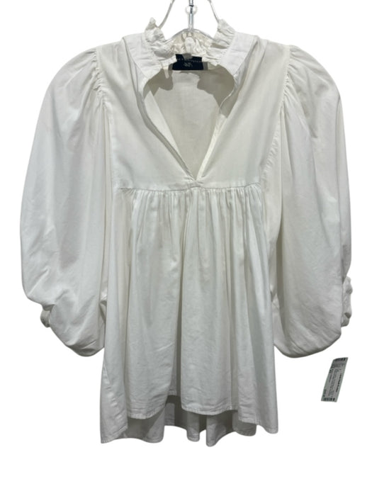 Never a Wallflower Size XS White Cotton 1/2 Puff Sleeve V Neck Ruffle Collar Top White / XS
