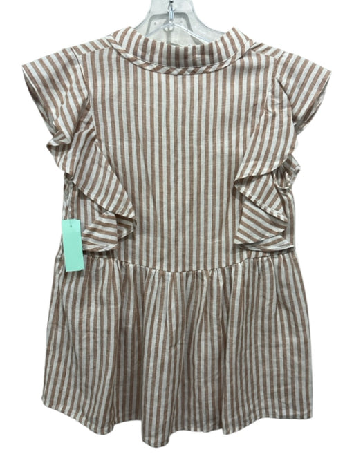 LaRoque Size XS White & Brown Linen Striped Ruffle Cap Sleeve V Neck Top White & Brown / XS