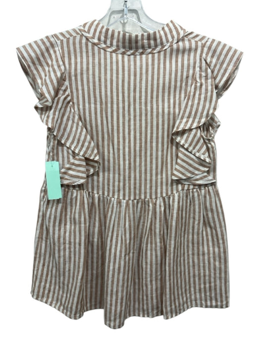 LaRoque Size XS White & Brown Linen Striped Ruffle Cap Sleeve V Neck Top White & Brown / XS