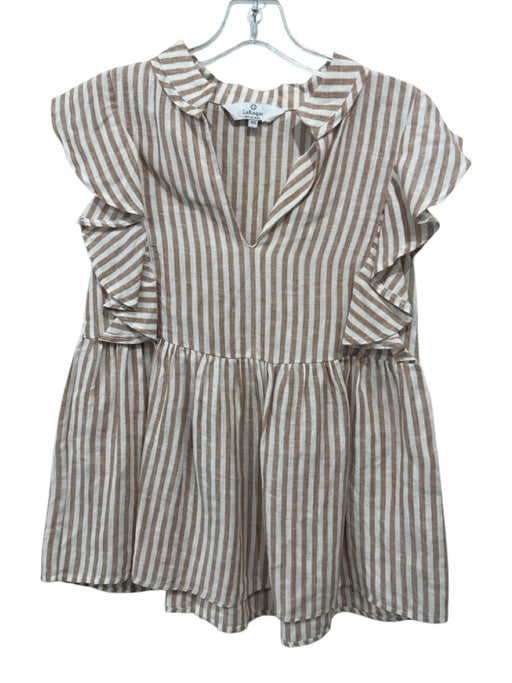 LaRoque Size XS White & Brown Linen Striped Ruffle Cap Sleeve V Neck Top White & Brown / XS