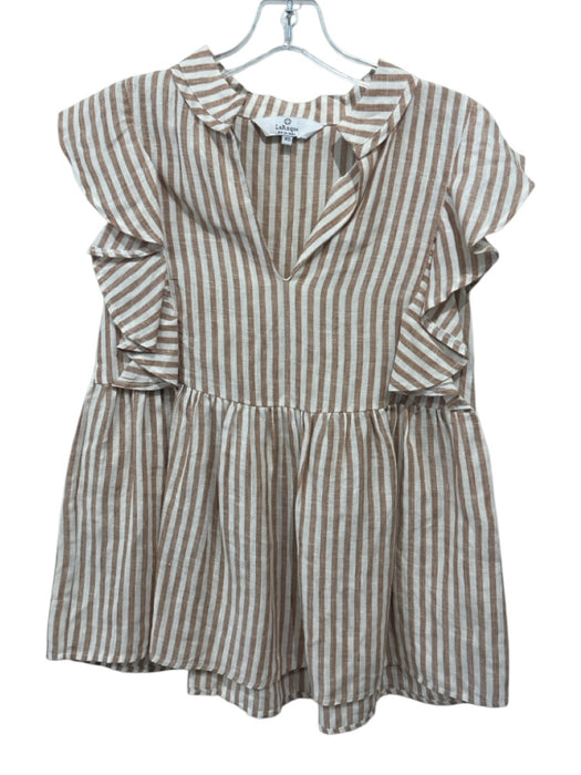 LaRoque Size XS White & Brown Linen Striped Ruffle Cap Sleeve V Neck Top White & Brown / XS