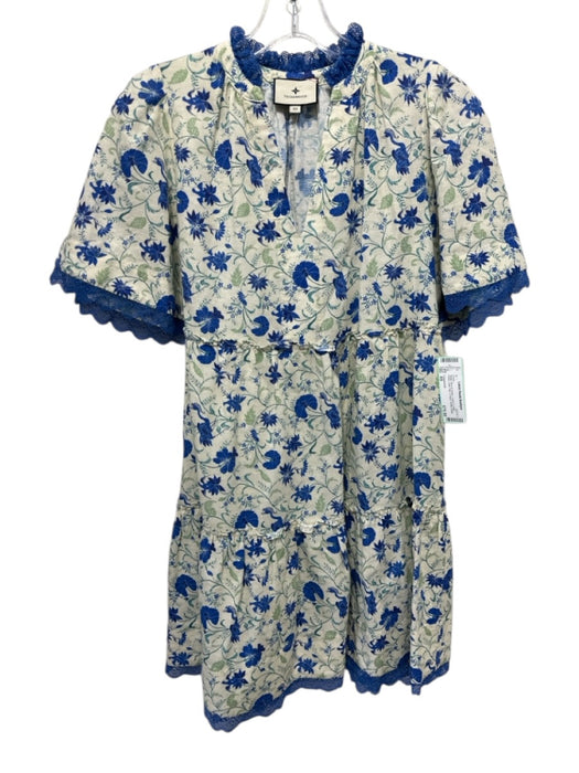 Tuckernuck Size XS Beige, Blue & Green Linen & Cotton Floral Lace Trim Dress Beige, Blue & Green / XS
