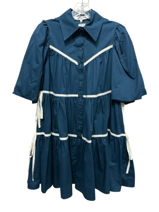 Sofie the Label Size S Dark Teal & White Cotton Short Puff Sleeve Dress Dark Teal & White / S