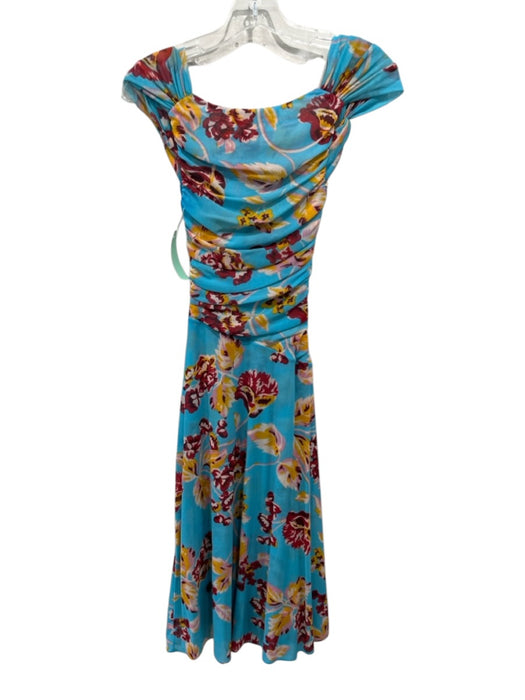 Diane Von Furstenberg Size XXS Blue, Red, Yellow Mesh Floral Ruched Midi Dress Blue, Red, Yellow / XXS