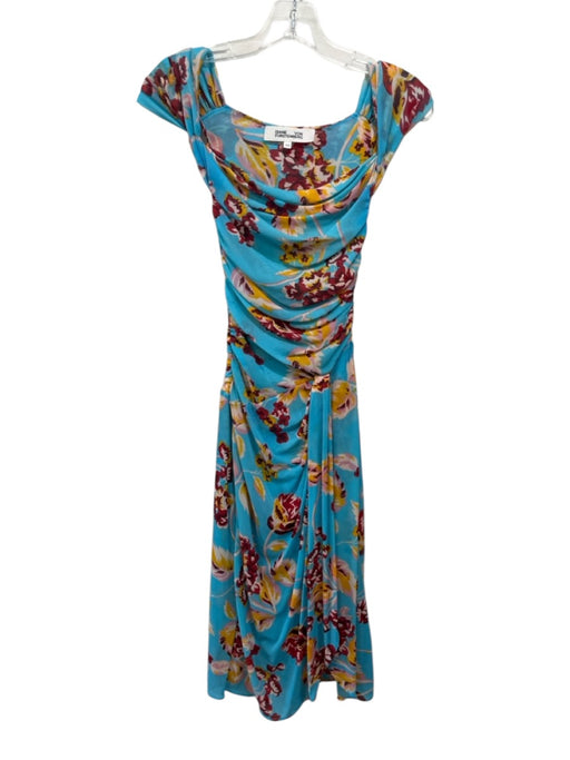 Diane Von Furstenberg Size XXS Blue, Red, Yellow Mesh Floral Ruched Midi Dress Blue, Red, Yellow / XXS
