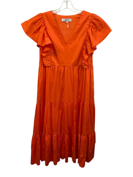 Crosby Size M Orange Cotton Ruffle Cap Sleeve V Neck Midi Pleats Dress Orange / M