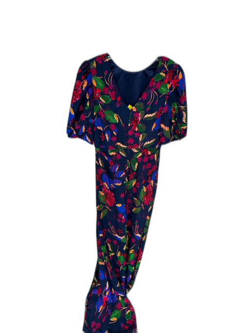 Saloni Size 6 Navy & Multi Silk & Polyester High Neck Floral Puff Sleeve Dress Navy & Multi / 6