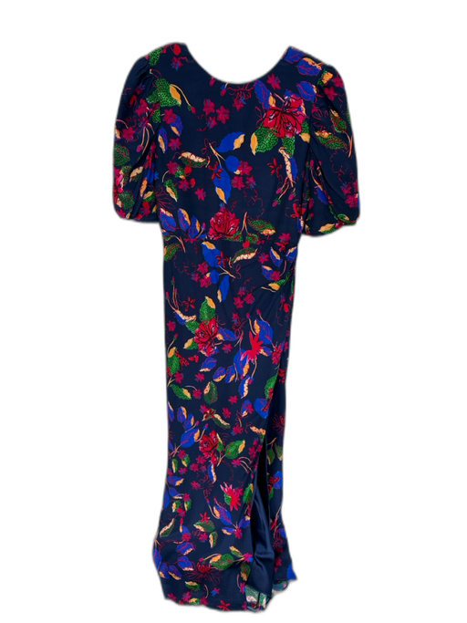 Saloni Size 6 Navy & Multi Silk & Polyester High Neck Floral Puff Sleeve Dress Navy & Multi / 6