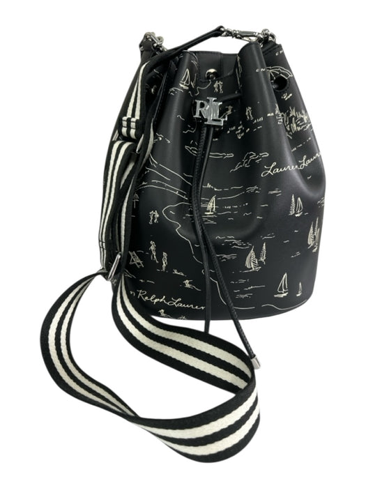 Lauren Ralph Lauren Black & White Leather Beach Print Silver Tone Hardware Bag Black & White / One Size