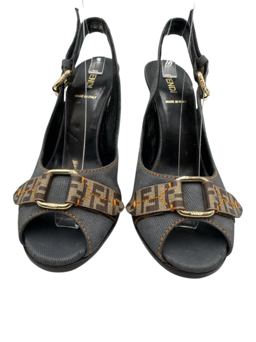 Fendi Shoe Size 37 Blue, Brown & Beige Canvas Peep Toe Logo Slingback Pumps Blue, Brown & Beige / 37