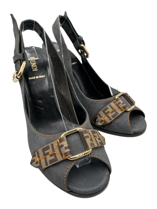Fendi Shoe Size 37 Blue, Brown & Beige Canvas Peep Toe Logo Slingback Pumps Blue, Brown & Beige / 37