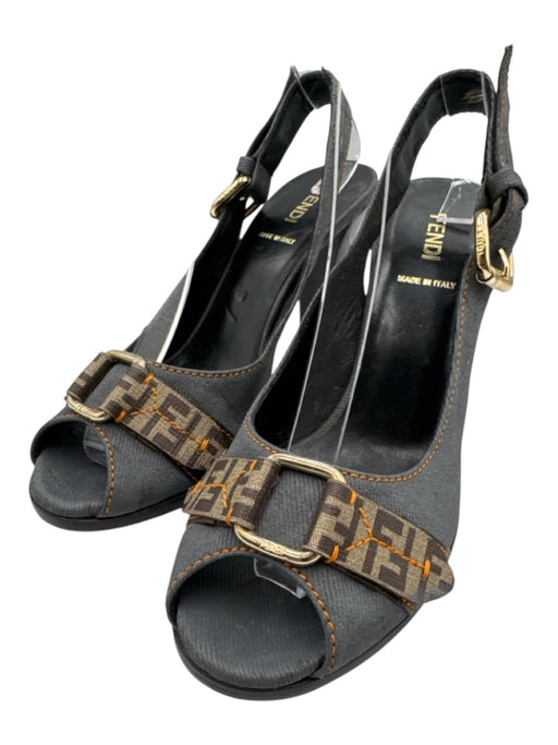 Fendi Shoe Size 37 Blue, Brown & Beige Canvas Peep Toe Logo Slingback Pumps Blue, Brown & Beige / 37