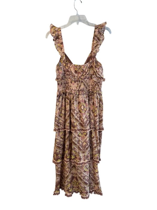 Cleobella Size S Brown & Yellow Cotton Tie V Neck Ruffle Straps Tiered Dress Brown & Yellow / S
