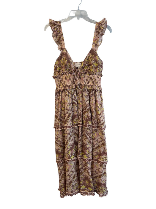 Cleobella Size S Brown & Yellow Cotton Tie V Neck Ruffle Straps Tiered Dress Brown & Yellow / S