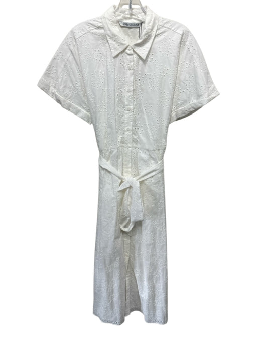 Zara Size L White Cotton Eyelets Button Up Cap Sleeve Dress White / L