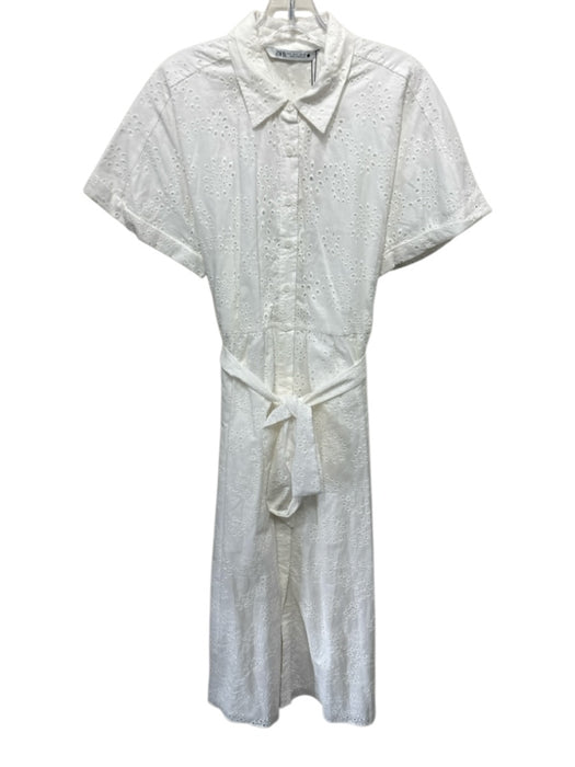 Zara Size L White Cotton Eyelets Button Up Cap Sleeve Dress White / L