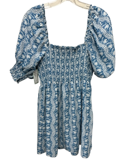 Hill House Size M Blue & White Polyester All Over Print Short Puff Sleeve Dress Blue & White / M