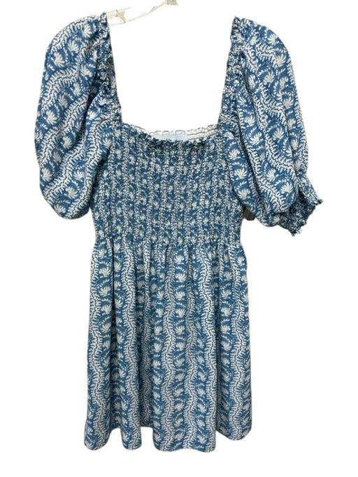 Hill House Size M Blue & White Polyester All Over Print Short Puff Sleeve Dress Blue & White / M