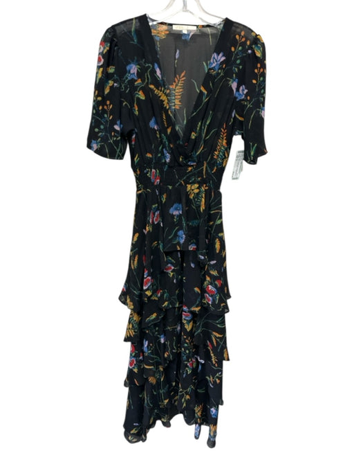 Maje Size 3 Black, Orange, Multi Silk floral print Tiered Short Sleeve Dress Black, Orange, Multi / 3