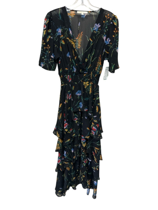 Maje Size 3 Black, Orange, Multi Silk floral print Tiered Short Sleeve Dress Black, Orange, Multi / 3