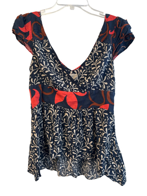 Vanessa Virginia Size 6 Navy Red & White Rayon V Neck Cap Sleeve Zip Side Top Navy Red & White / 6