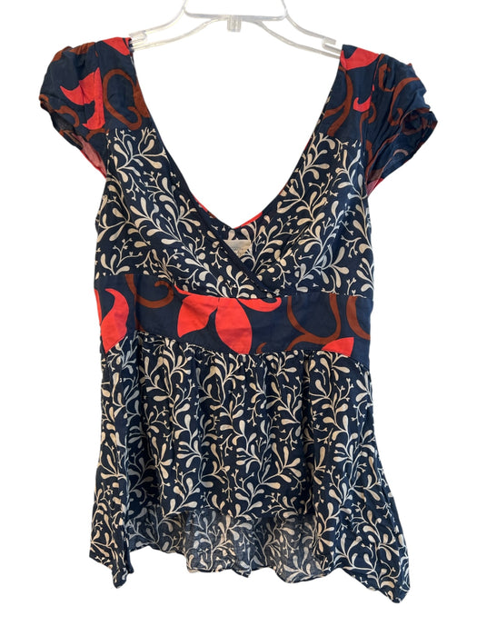 Vanessa Virginia Size 6 Navy Red & White Rayon V Neck Cap Sleeve Zip Side Top Navy Red & White / 6