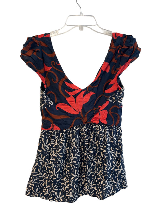 Vanessa Virginia Size 6 Navy Red & White Rayon V Neck Cap Sleeve Zip Side Top Navy Red & White / 6