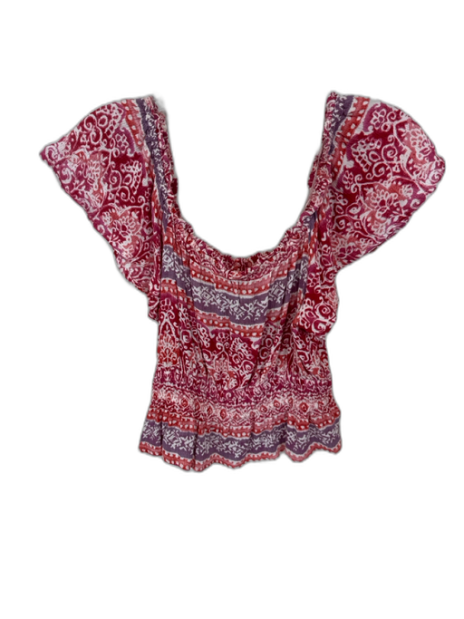 Aqua Size XS Red & Pink Rayon Off Shoulder Rouched Abstract Cropped Top Red & Pink / XS