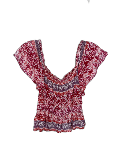 Aqua Size XS Red & Pink Rayon Off Shoulder Rouched Abstract Cropped Top Red & Pink / XS