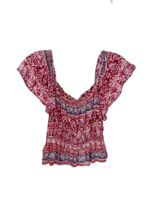 Aqua Size XS Red & Pink Rayon Off Shoulder Rouched Abstract Cropped Top Red & Pink / XS