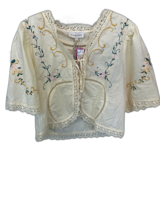 Jennifer & Grace Size M Cream & Multi Cotton 3/4 Sleeve Cross Stitch Floral Top Cream & Multi / M